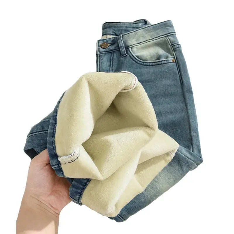 Autumn Winter Thickened Fleece-Lined Vintage Straight-Leg Jeans Women's Slimming Hip-Hiding Elastic Micro-Flared Cotton Trousers