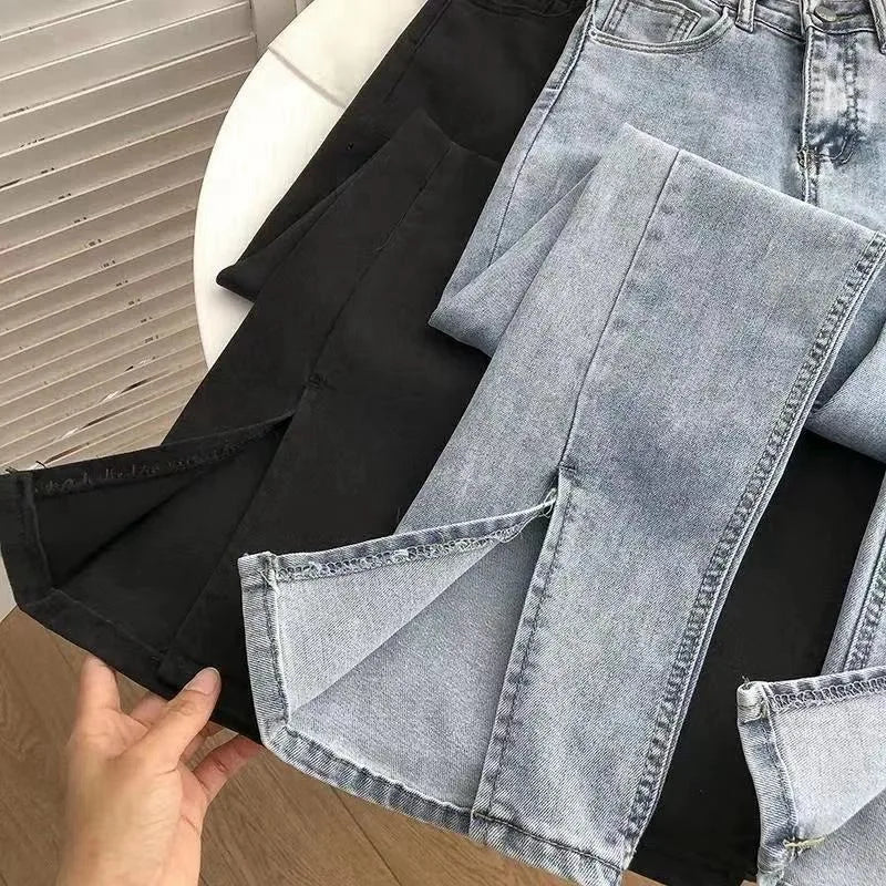 Women's High Waist Wide Leg Jeans Asymmetric Split Hem Vintage Washed Denim Pants Loose Fit