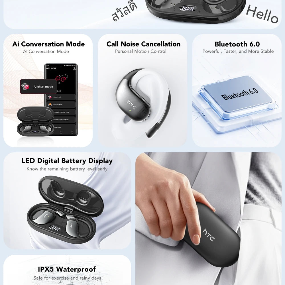 【HTC NE57】 Bluetooth V6.0 Earphones AI Translator Earbuds OWS Sport Wireless Headphones Comfort Earhooks Long Life with Mic