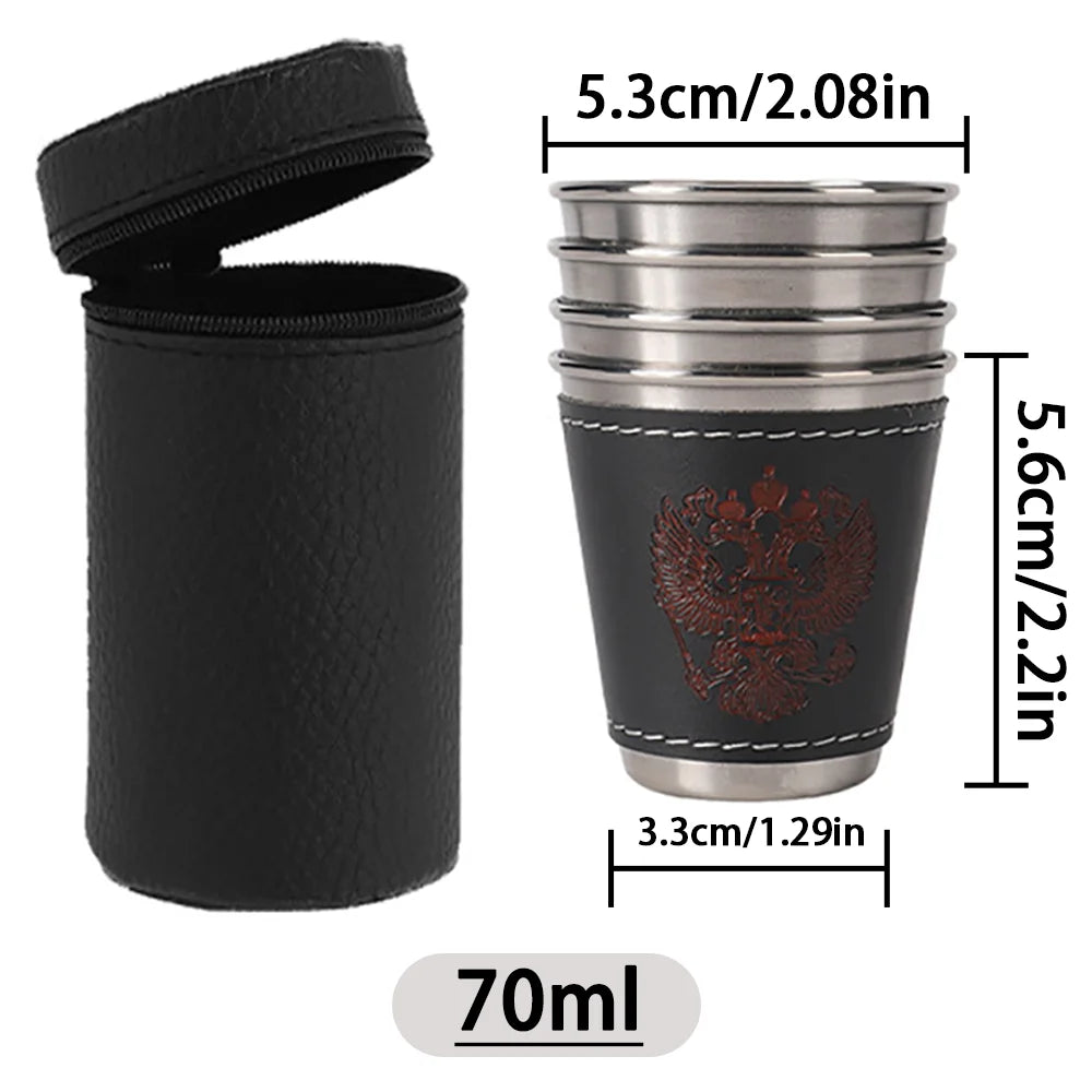 4pcs/set Outdoor Travel Cups Set Camping Tableware Stainless Steel Cup with PU Leather Portable Coffee Wine Beer Whisky Cup