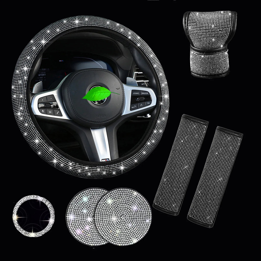 38cm Bling Car Accessories Set For Women Rhinestones Steering Wheel Cover Safety Belt Covers Gear Shift Cover Diamond Cup Pads