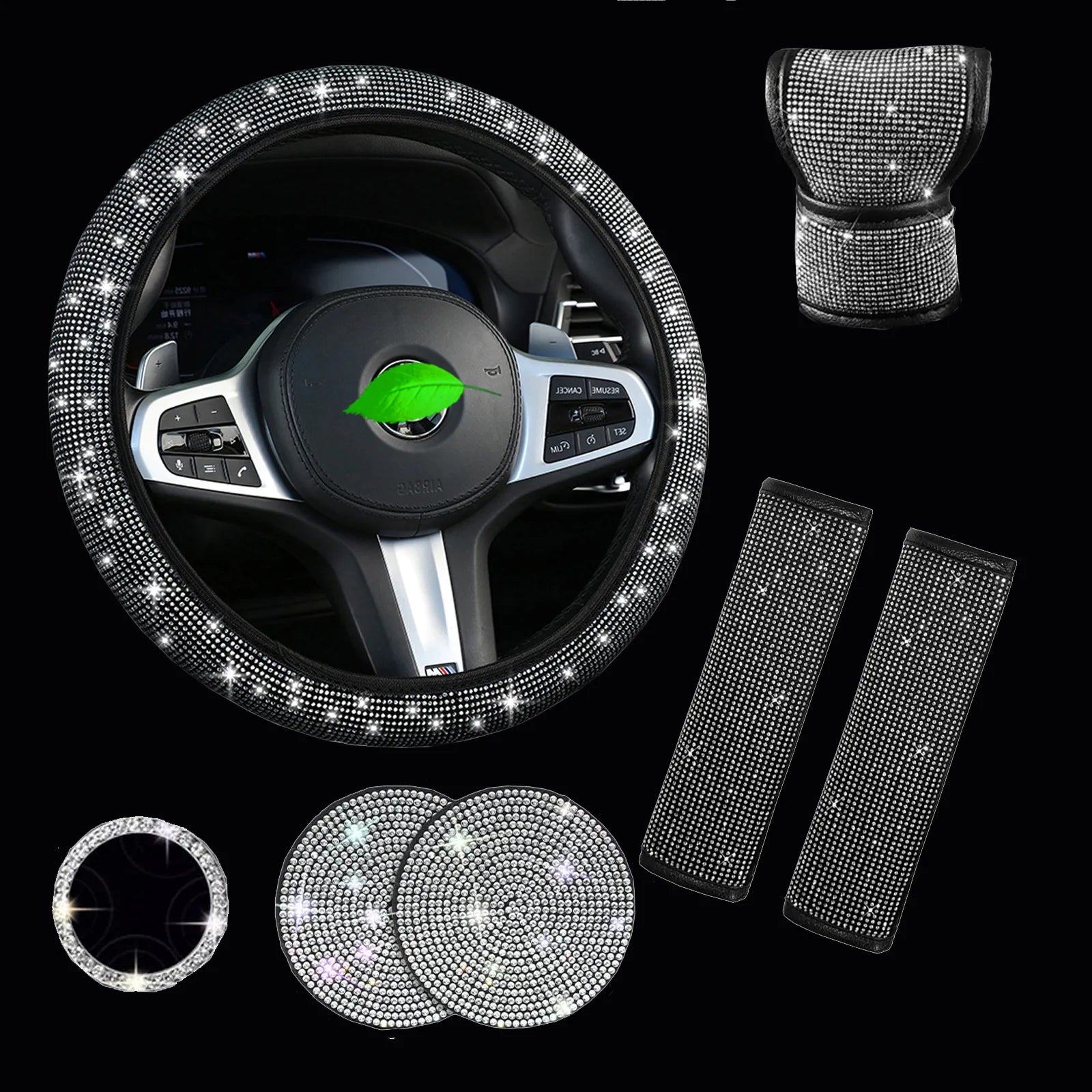 38cm Bling Car Accessories Set For Women Rhinestones Steering Wheel Cover Safety Belt Covers Gear Shift Cover Diamond Cup Pads