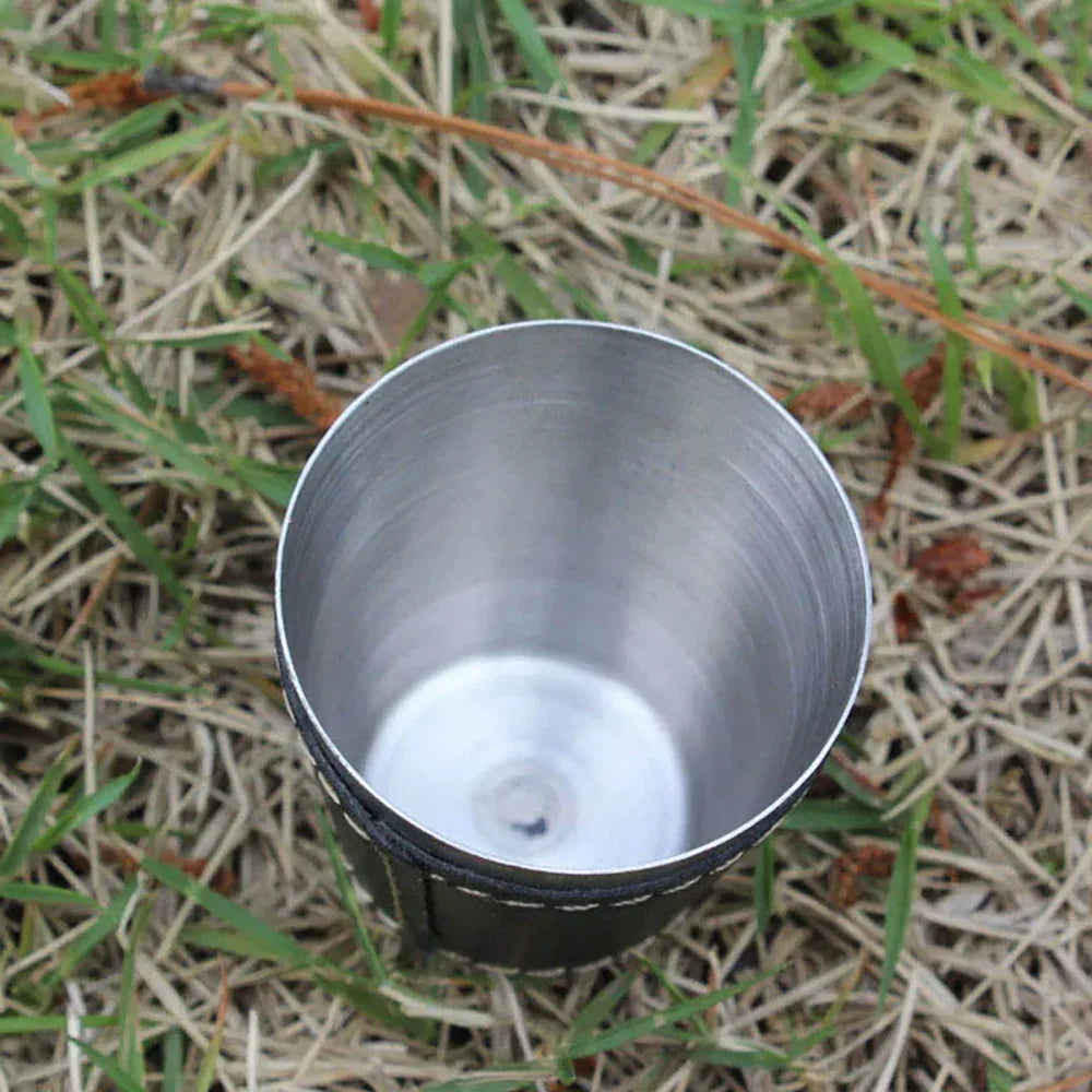 4pcs/set Outdoor Travel Cups Set Camping Tableware Stainless Steel Cup with PU Leather Portable Coffee Wine Beer Whisky Cup