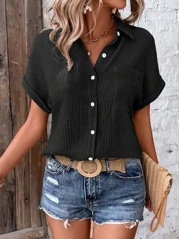 Women Casual Cotton Blouse Vintage Summer Short Sleeve Slim Shirt Elegant Turn Down Collar Solid Tunics Harajuku Streetwear Tops
