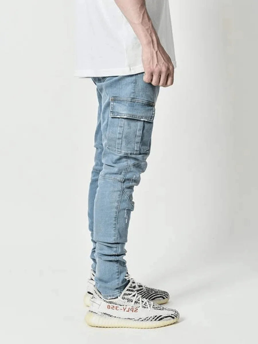 2026Jeans Men Pants Wash Solid Color Multi Pockets Denim Mid Waist Cargo Jeans Plus Size Fahsion Casual Trousers Male Daily Wear
