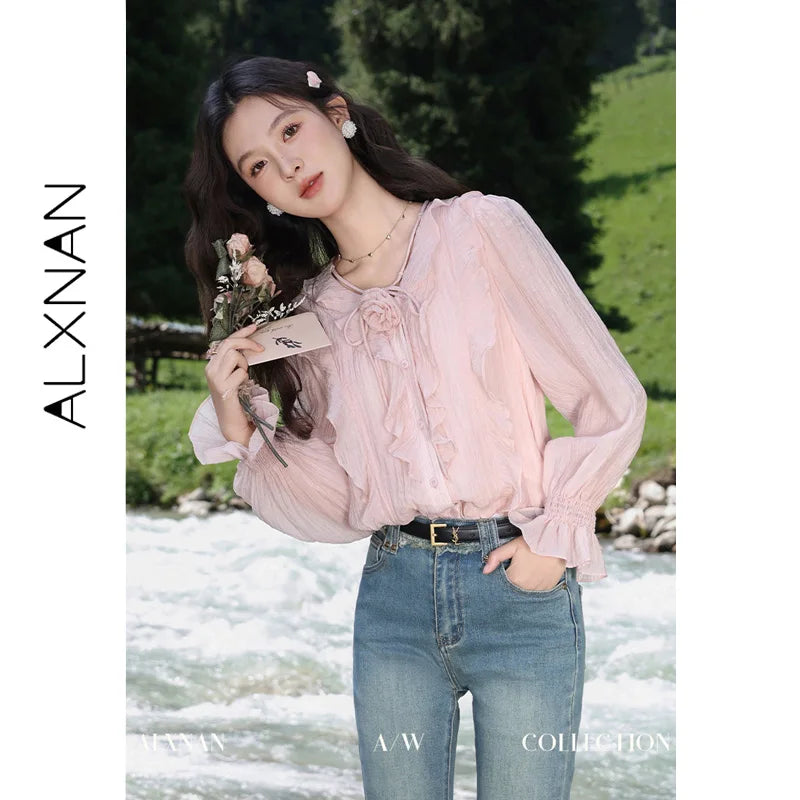 ALXNAN French Style Women's Pink Shirt Autumn V-neck With Detachable 3D Flowers Full Long Sleeves Elastic Cuffs Shirts VL39307