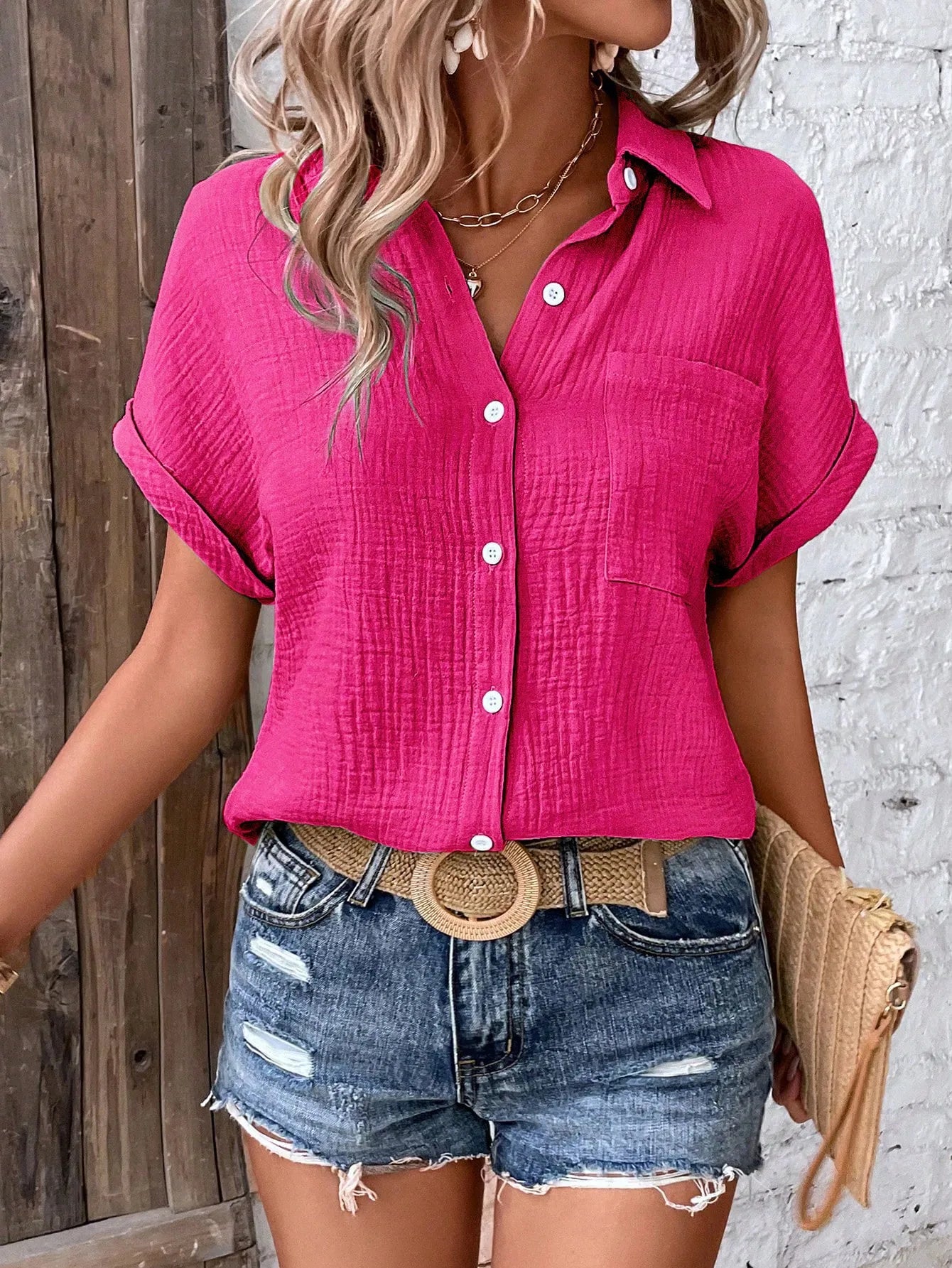 Women Casual Cotton Blouse Vintage Summer Short Sleeve Slim Shirt Elegant Turn Down Collar Solid Tunics Harajuku Streetwear Tops