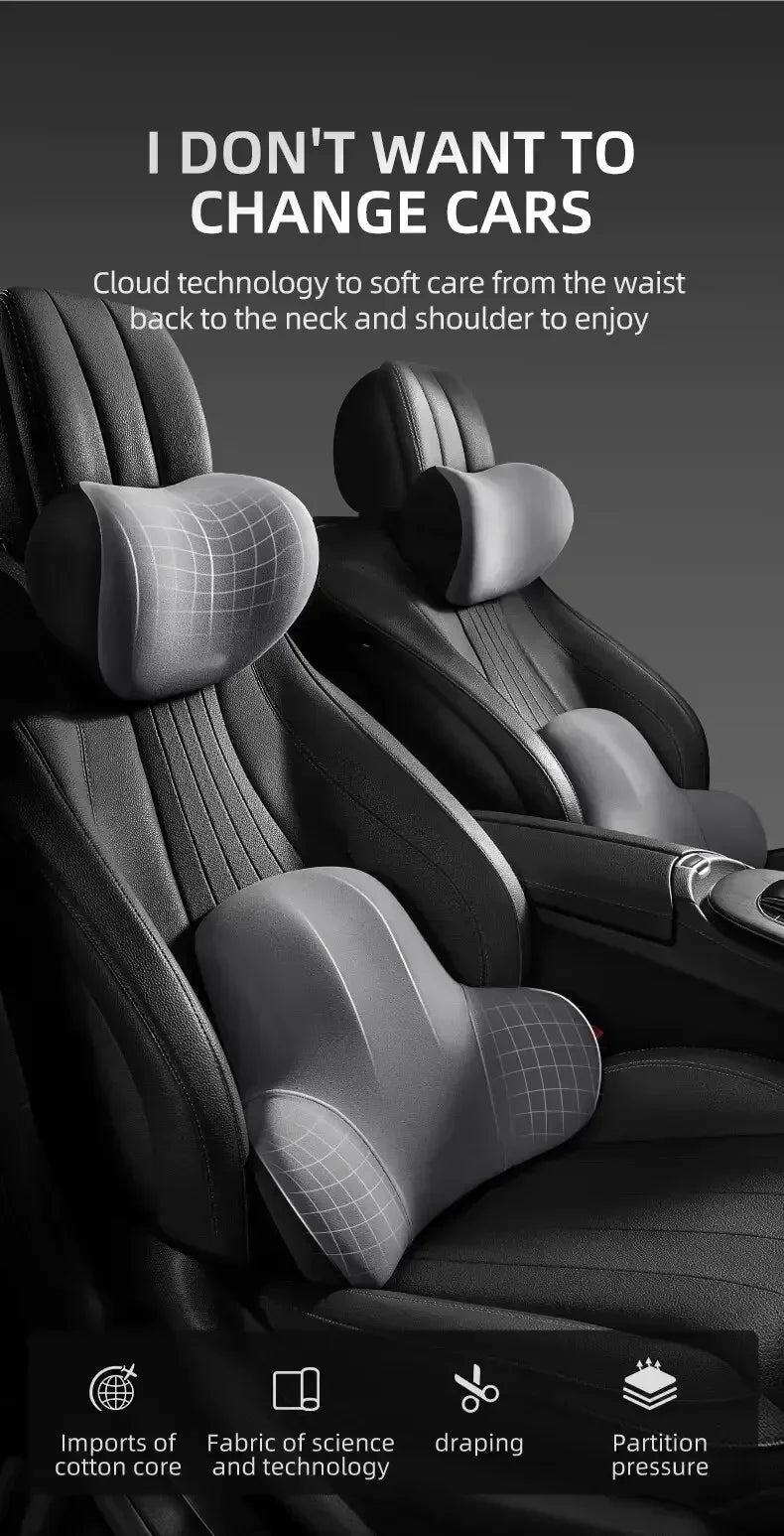 Memory Foam Headrest Lumbar Support Set Ergonomic Neck Pillow Back Cushion Car Driver Seat Comfort Breathable Polyester Fabric