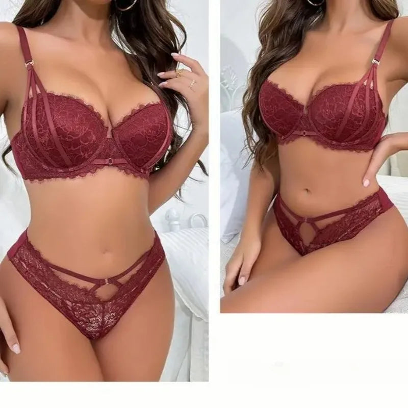 Women's Sexy Lingerie Set Hollow Push-Up Bra with Adjustable Straps Lace Flowers Embroidery Underwear Matching Panties