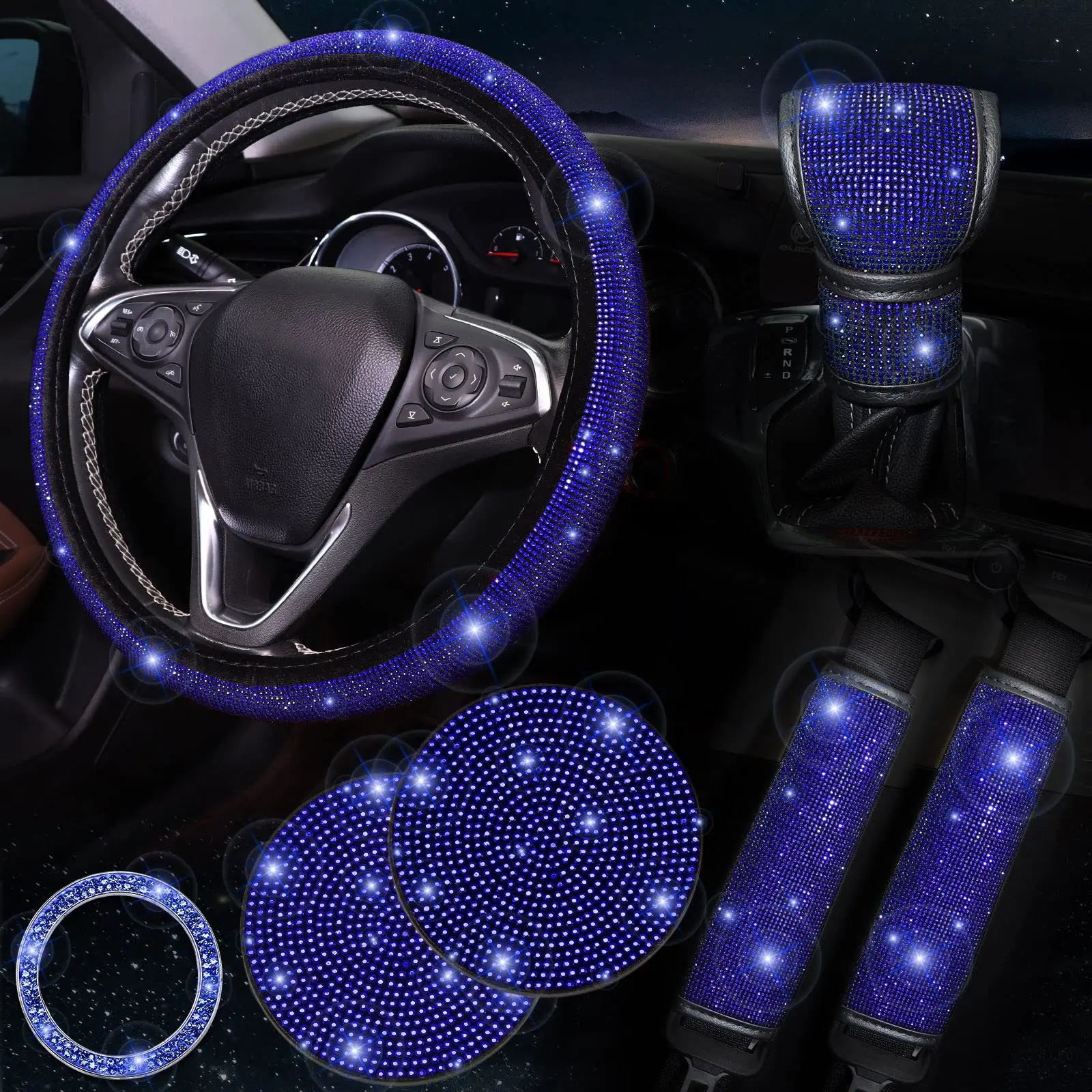 38cm Bling Car Accessories Set For Women Rhinestones Steering Wheel Cover Safety Belt Covers Gear Shift Cover Diamond Cup Pads