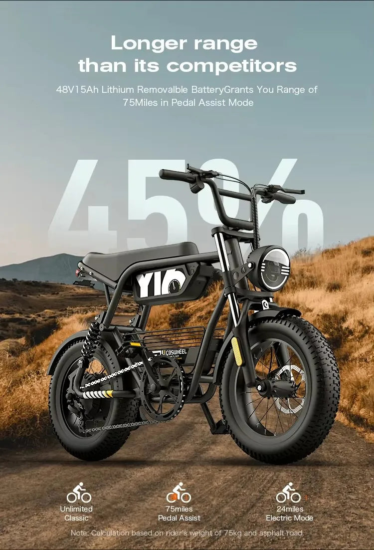 Coswheel Y16 Electric Bike for Adults 1000W Moped Style Ebike 48V 15Ah Removable Battery 28MPH Electric Motorcycle FatTire ebike