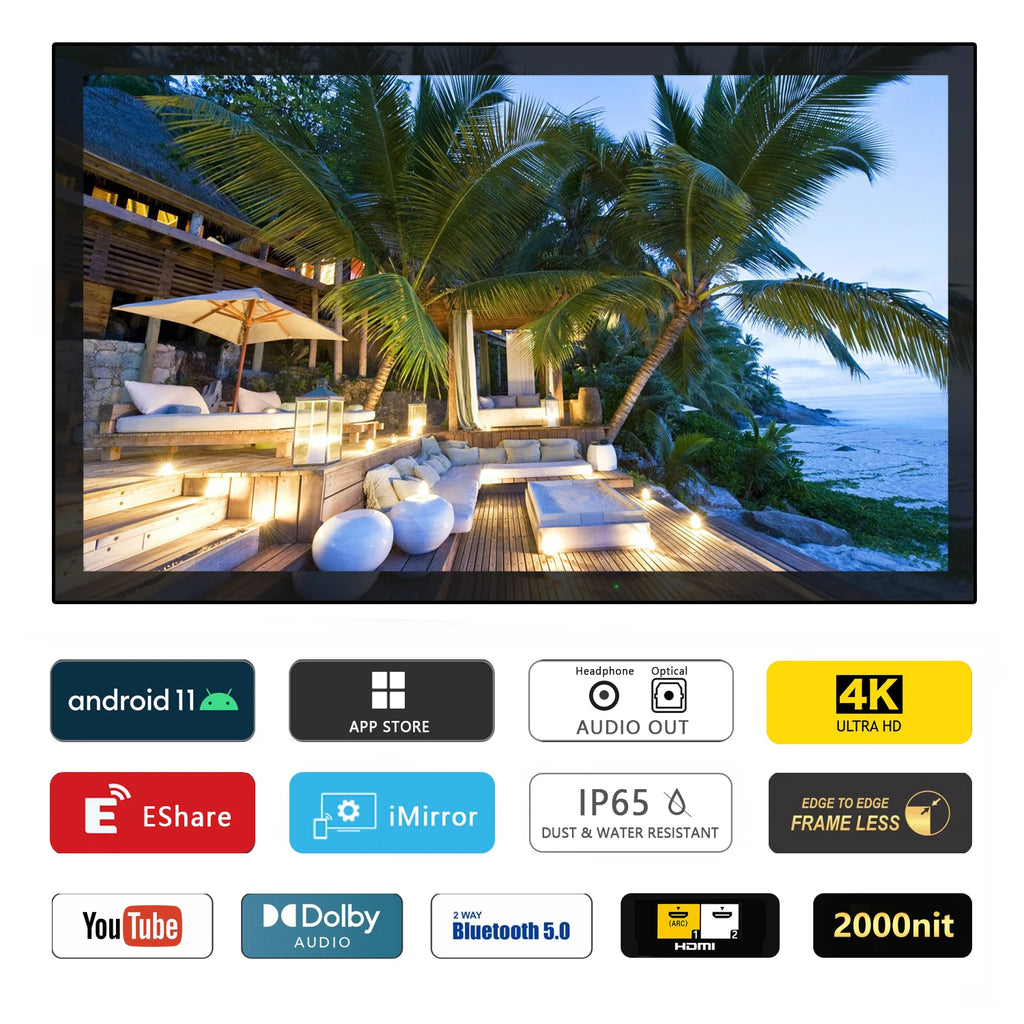 Soulaca 55-inch Waterproof Smart Android Outdoor TV 2000nits Full Sun TV 4K Dolby Atmos HDR 10 Weatherproof Television Support