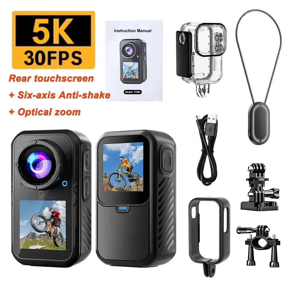 5K Mini Action Camera 4K 60FPS Anti Shake Touch Screen Waterproof Magnetic Pendant Body Cam Motorcycle Bike Outdoor Sport Record