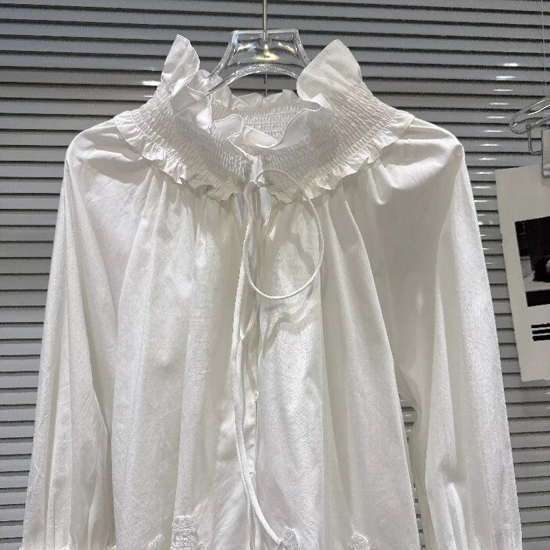 2026 Autumn New Women's Clothing French Design White Temperament Sweet Lace Strap Turtleneck Horn Sleeve Versatile Shirts Ladies