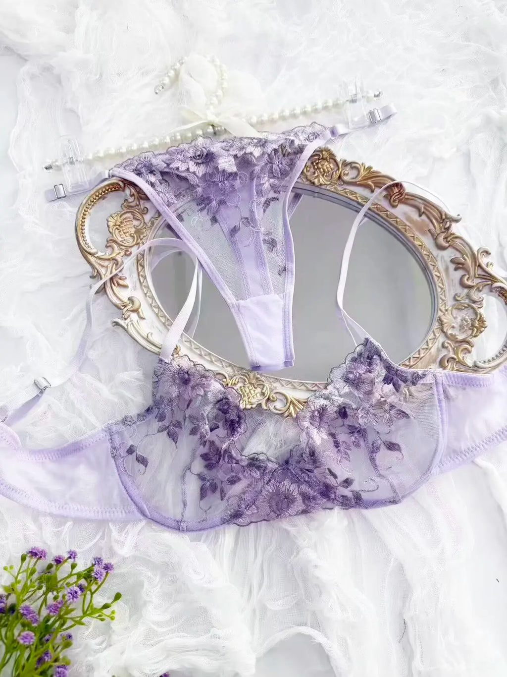 Lavender Floral Sheer Lace 2-Piece Lingerie Set, Underwire Push Up Bra & Adjustable Metal Buckle Low Rise Thong Panties
