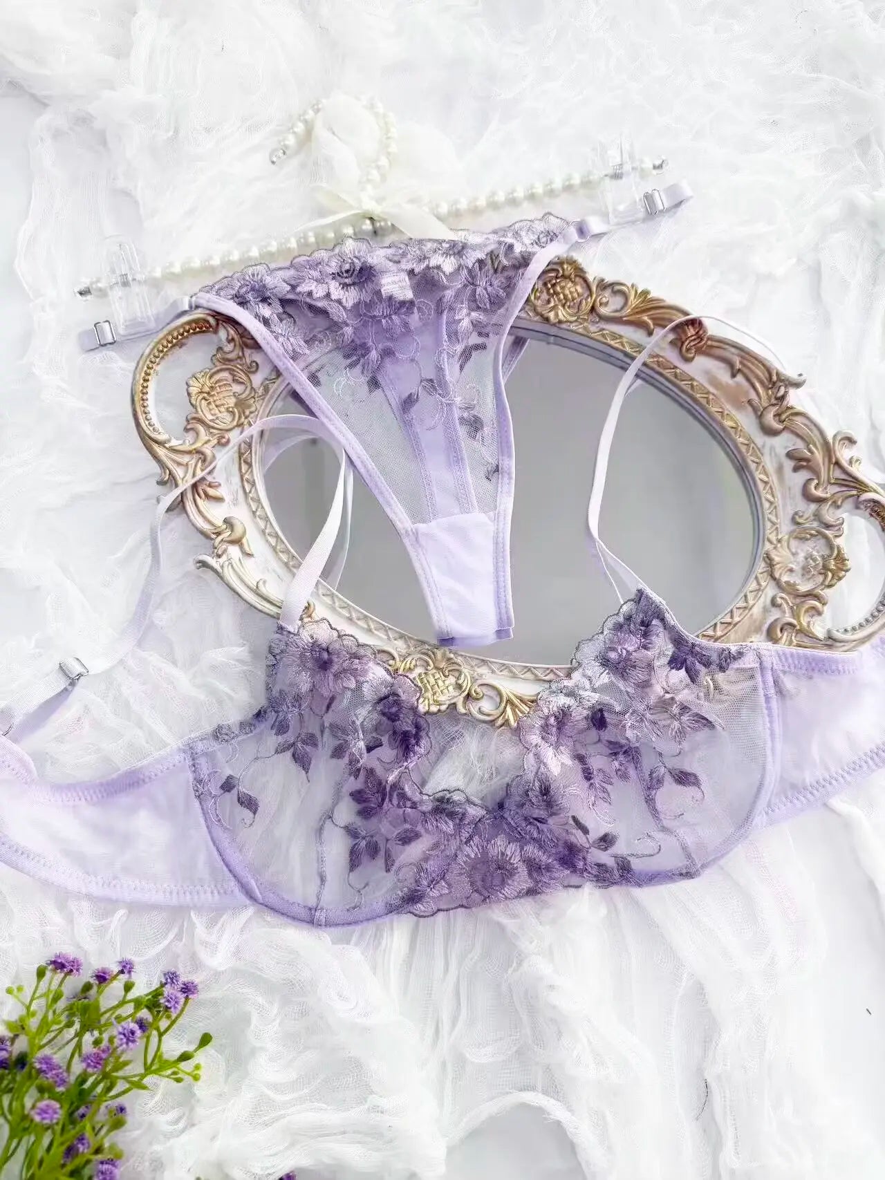 Lavender Floral Sheer Lace 2-Piece Lingerie Set, Underwire Push Up Bra & Adjustable Metal Buckle Low Rise Thong Panties
