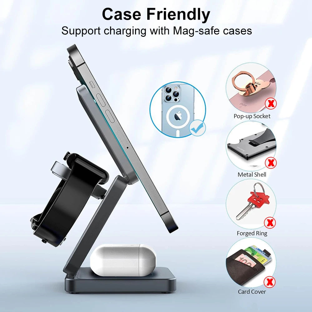 3 in 1 Magnetic Wireless Charger for iPhone Foldable Fast Wireless Charging Station for iPhone 16 15 14 13 12 Charger Stand