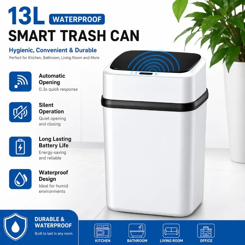 13L Smart Sensor Trash Can Waterproof Automatic Touchless Waste Bin Garbage Dustbin For Kitchen Bathroom Living Room Office