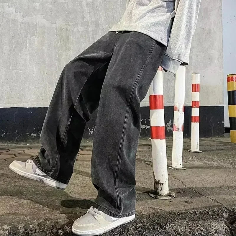 Fashion Men's Solid Color Drape Jeans Loose Straight Korean Vintage High Street Hip-hop Y2K Casual Daily Dragging Wide-leg Pants