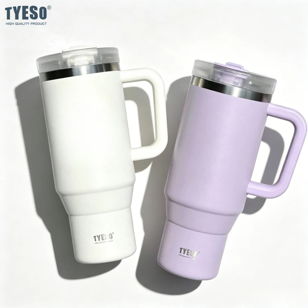 Tyeso 900ml/1200ml Big Capacity Thermal Mug Stainless Steel Insulated Water Bottle with Straw Outdoor Travel Car Tumbler