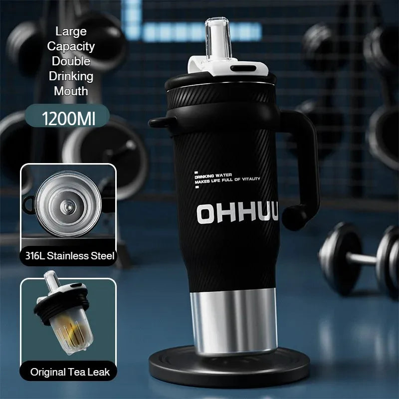 1200ml Vacuum Insulated Travel Mug 316 Stainless Steel Tumbler with Handle Straw Tea Infuser Double Lid Keep Cold Hot for Home