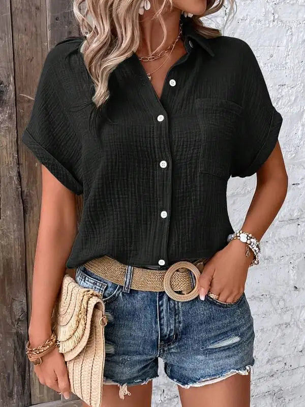 Women Casual Cotton Blouse Vintage Summer Short Sleeve Slim Shirt Elegant Turn Down Collar Solid Tunics Harajuku Streetwear Tops