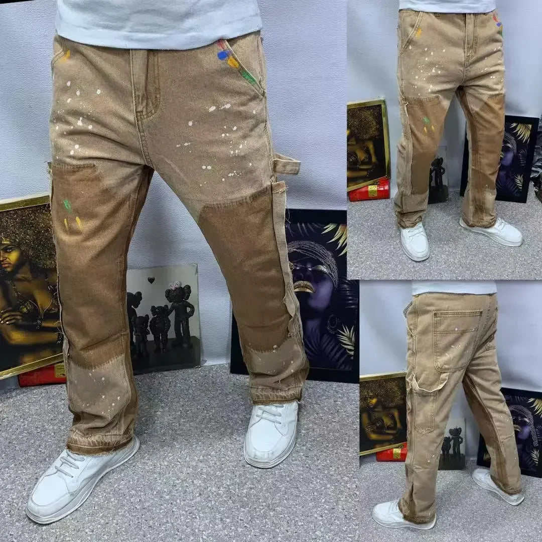 2025 Vintage Men's Jeans Distressed Vibe Bell Bottoms Clean Fit Woodworking Workwear Denim Pants for Outdoor Trade