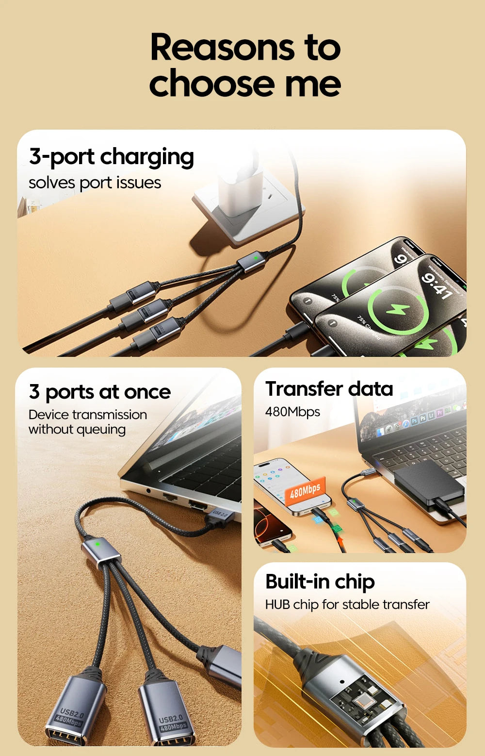 Adaptador Hub USB-C a 3 Puertos USB 2.0 OTG