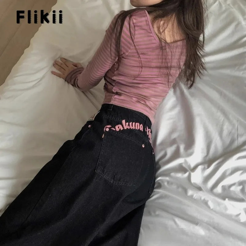 Women's Sweet Casual Full Length Baggy Denim Trouser Retro Emo Harajuku Loose Jeans Letter Embroidery High Waist Y2K 2000s Pants
