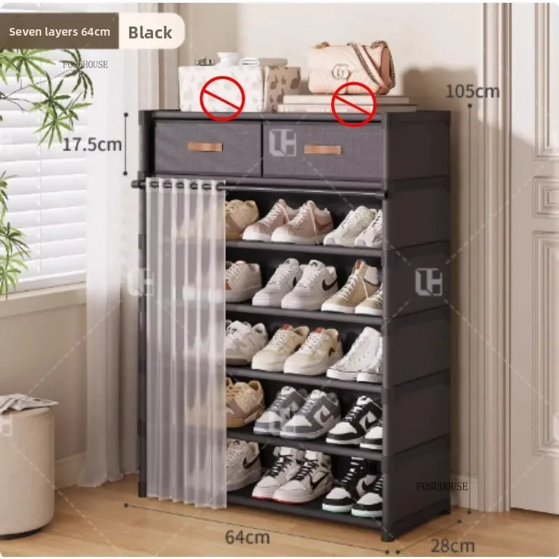 Multi layer Shoe Rack with Drawer for Entryway Hallway Storage Durable Metal Frame Indoor Organizer Space Saving Hanger Unit