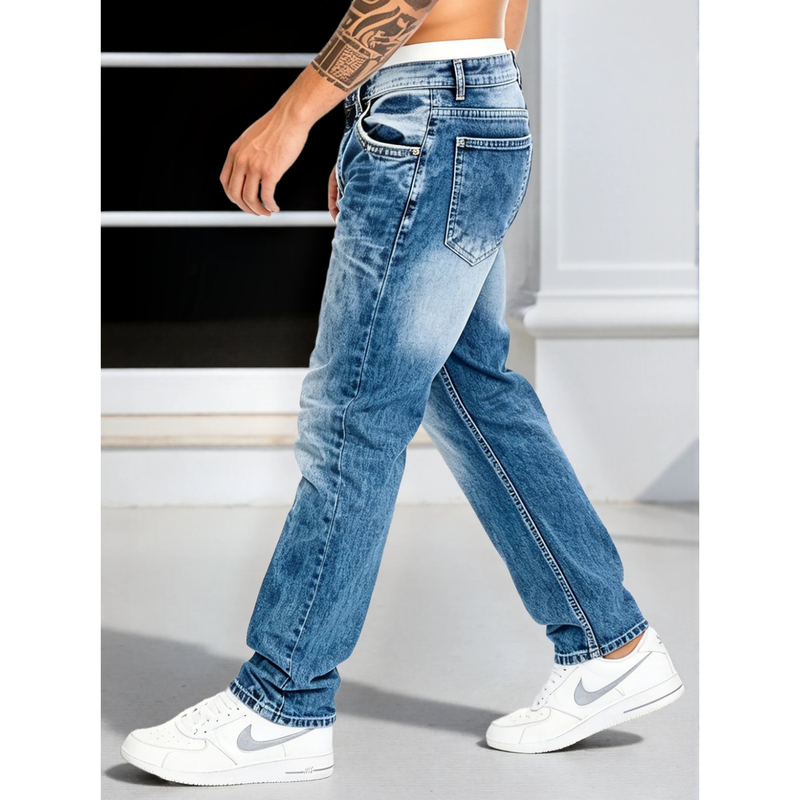 Men's Jeans Man Pants Classic Straight Cut Stretchl Denim Trousers Vintage Washed Solid Color for Street Style