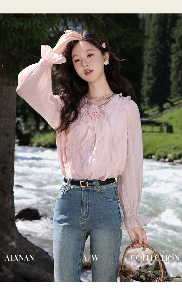 ALXNAN French Style Women's Pink Shirt Autumn V-neck With Detachable 3D Flowers Full Long Sleeves Elastic Cuffs Shirts VL39307