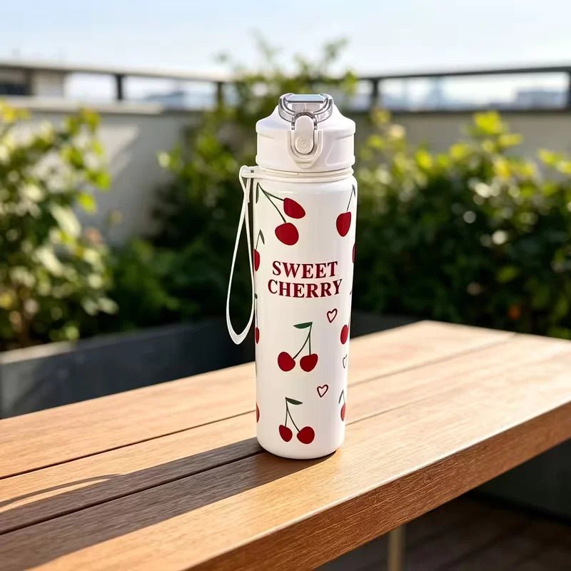 750ML Cute Strawberry Cherry Flower Bowknot Printed Tumbler with Pure White Base, High-Value Straw Cup for Sports