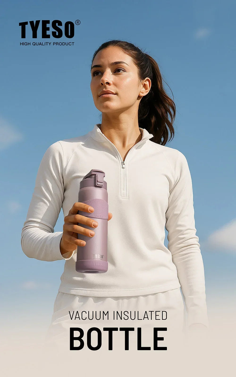 TYESO Vacuum Flasks Insulated Water Bottle 24H Cold 12H Hot Stainless Steel Leakproof Sports Bottle for Gym Travel Drinkware