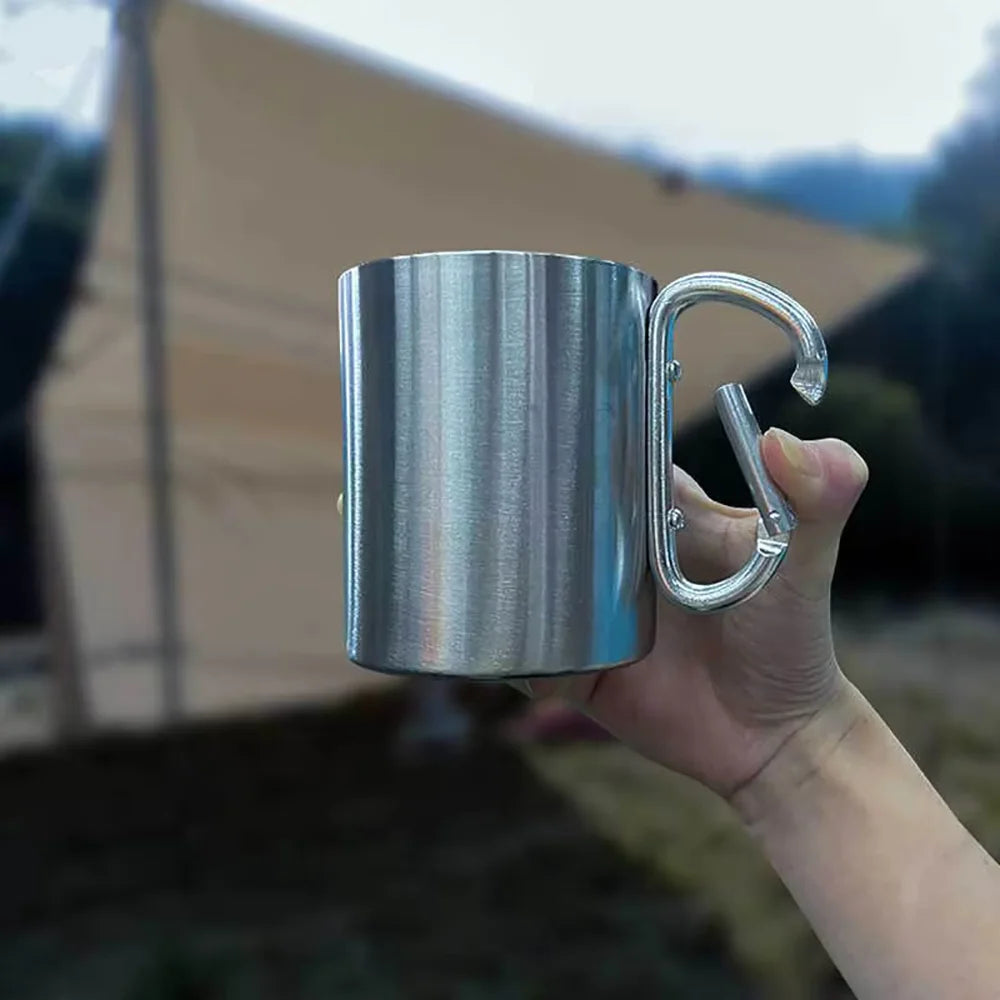 1PCS Portable Stainless Steel Camping Cup with Carabiner Clip, Lightweight Travel Mug for Hiking Backpacking Outdoor (201 Grade)