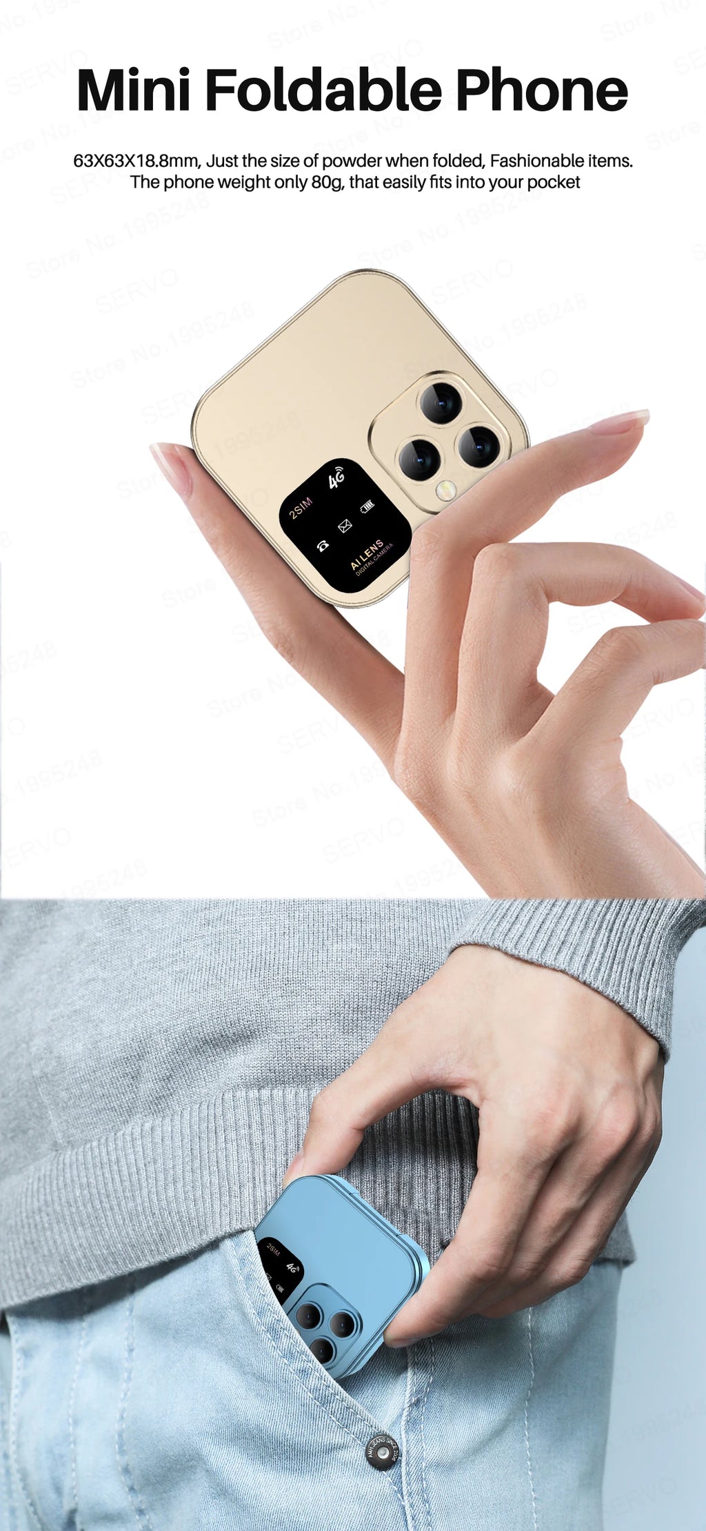 SERVO Mini Flip Mobile Phone 4G/2G Cellular 1.77" Diaplay Speed Dial Flashlight Recorder FM Radio Dual SIM Foldable Cellphones