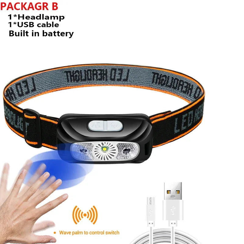 Mini Rechargeable Powerful Sensor Headlamp Fishing Camping USB Head Flashlight COB LED Head Light Torch Headlights Front Lantern