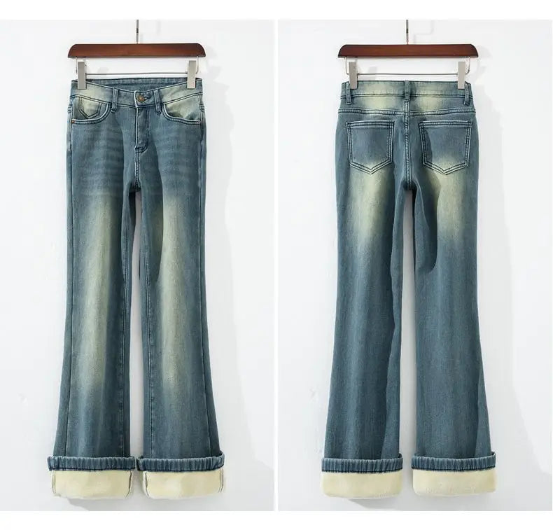 Autumn Winter Thickened Fleece-Lined Vintage Straight-Leg Jeans Women's Slimming Hip-Hiding Elastic Micro-Flared Cotton Trousers
