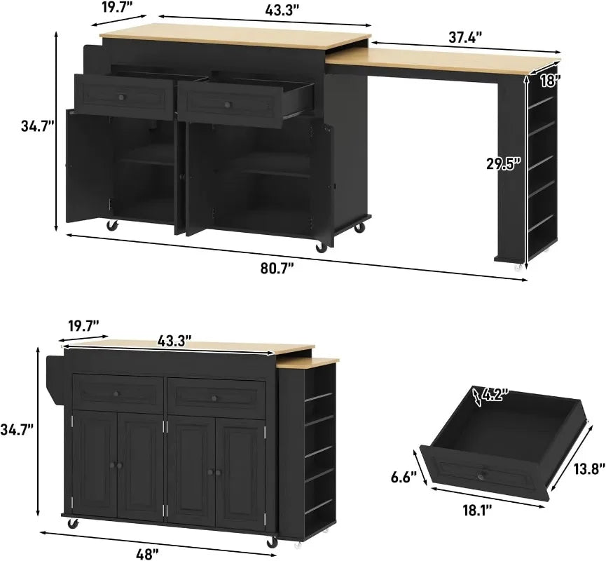 Retractable Sintering Stone Kitchen Island Cart with Power Socket Storage Drawer