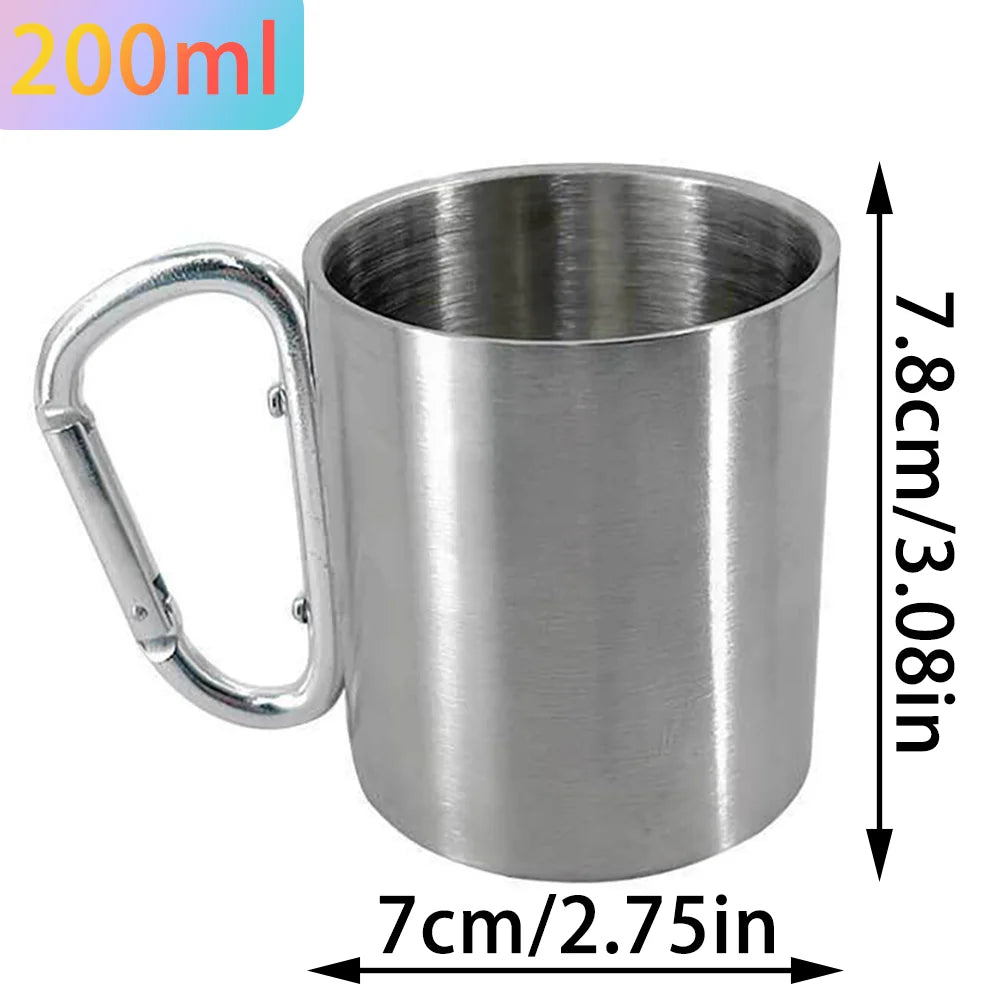 1PCS Portable Stainless Steel Camping Cup with Carabiner Clip, Lightweight Travel Mug for Hiking Backpacking Outdoor (201 Grade)