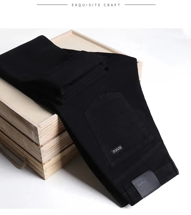 2026 Summer Spring New Men's Pure Black Slim Jeans Elastic Straight Pants BusinessLeisure Korean Vintage Denim Pants Male