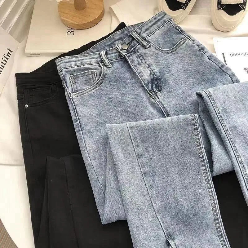 Women's High Waist Wide Leg Jeans Asymmetric Split Hem Vintage Washed Denim Pants Loose Fit