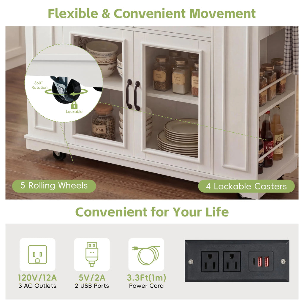54" Wood Mobile Kitchen Island Cart Glass Doors Power Outlet Open Shelves Rolling Base Towel Spice Racks Eco-Friendly Durable