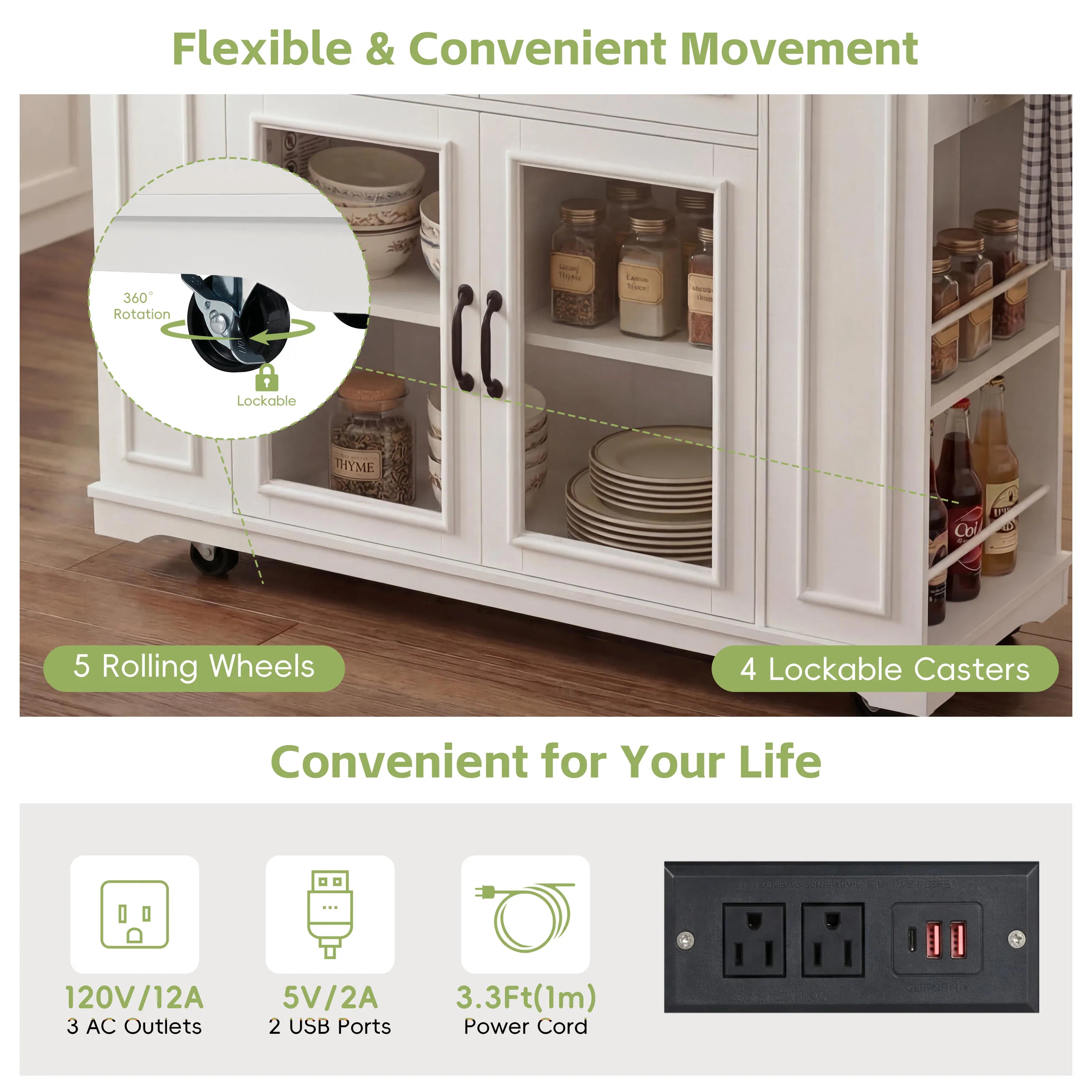54" Wood Mobile Kitchen Island Cart Glass Doors Power Outlet Open Shelves Rolling Base Towel Spice Racks Eco-Friendly Durable