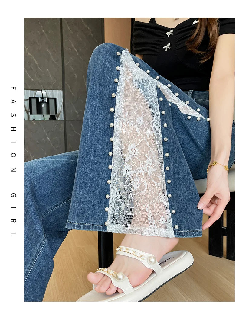 Women's High Waist Lace Stitching Beaded Wide Leg Jeans Summer Stretch Floor Length Pants