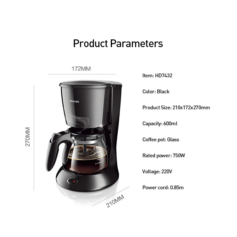 Philips HD7432 Drip Coffee Maker 220V Fully Automatic Coffee Machine 600ML Drip Filter Small Multi-functional Coffee Pot