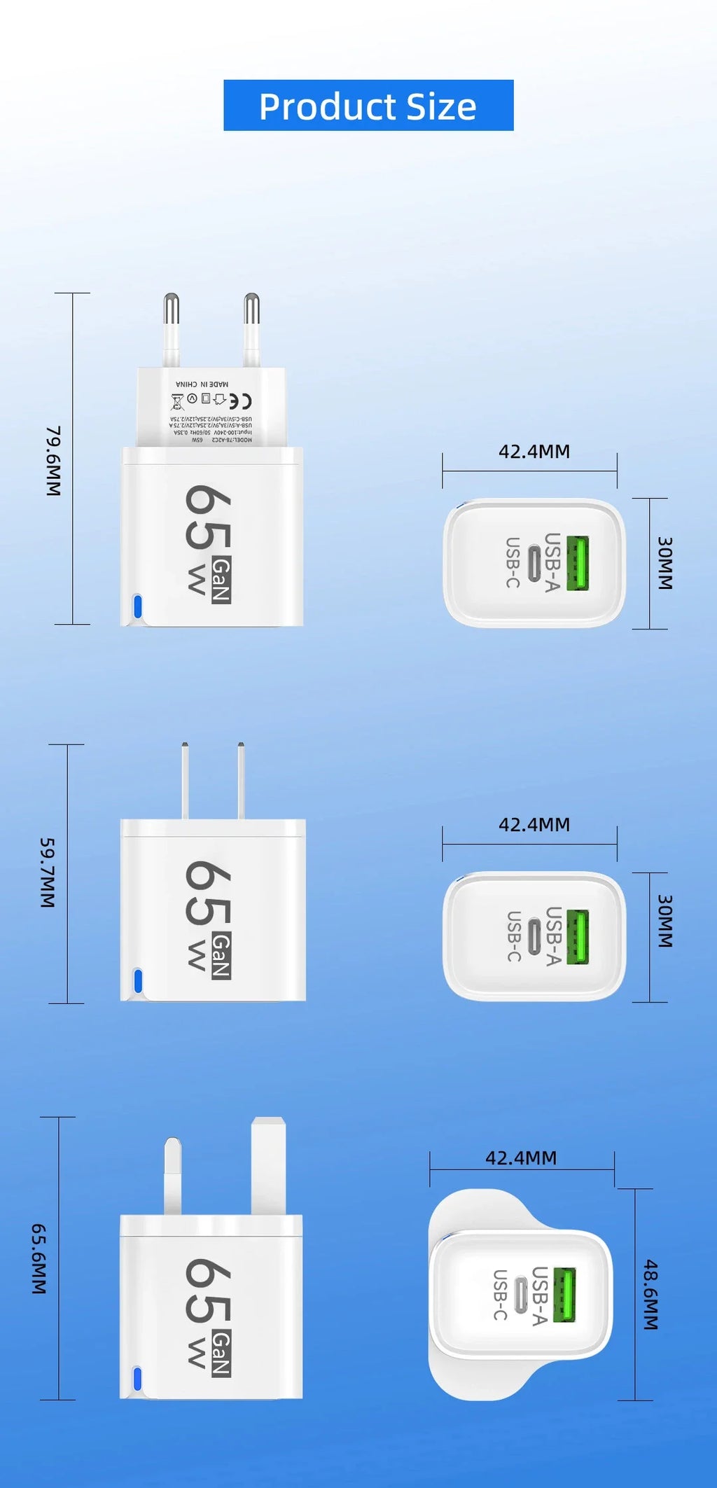 Cargador USB-C 65W Carga Rápida | Compatible iPhone, Samsung y Xiaomi