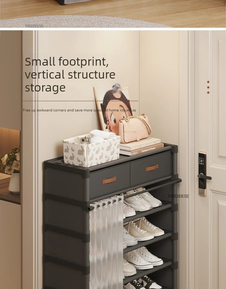 Multi layer Shoe Rack with Drawer for Entryway Hallway Storage Durable Metal Frame Indoor Organizer Space Saving Hanger Unit