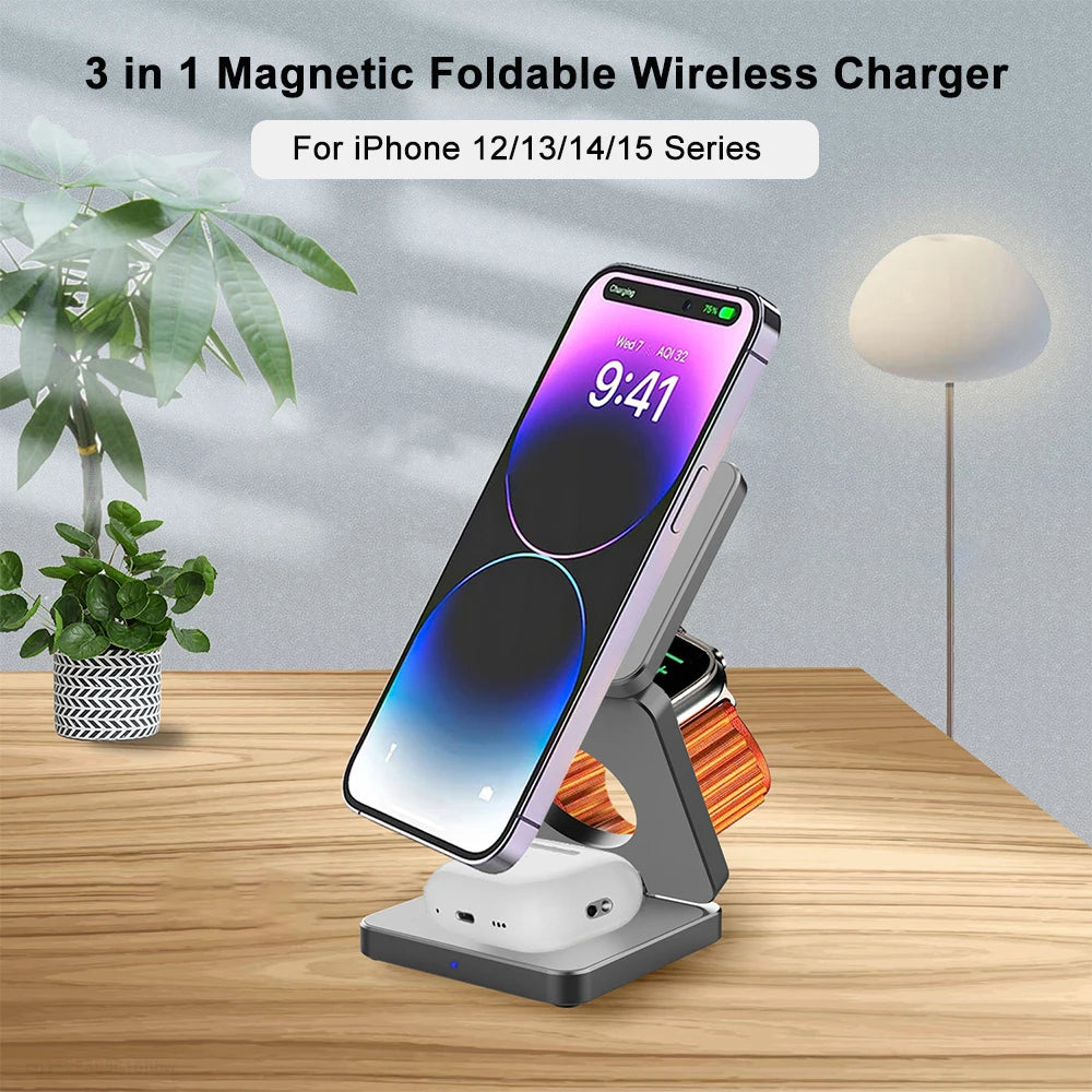 3 in 1 Magnetic Wireless Charger for iPhone Foldable Fast Wireless Charging Station for iPhone 16 15 14 13 12 Charger Stand