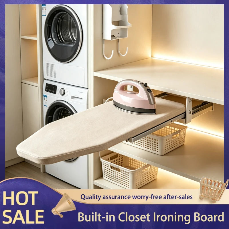 Compact Household Closet Cabinet Foldable Ironing Board Hidden Pull Out Buffer Damping Rotating Iron Stand With Top Mounted